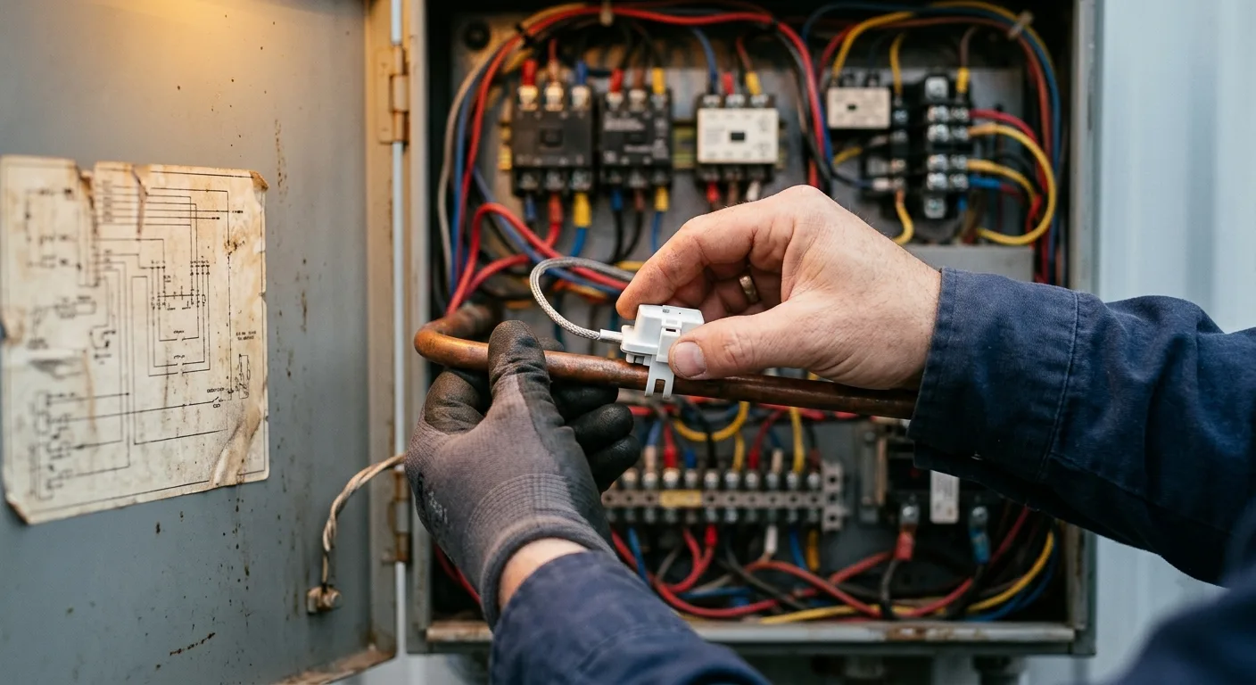 Technician clipping the sensor onto a refrigerant line inside an HVAC control panel