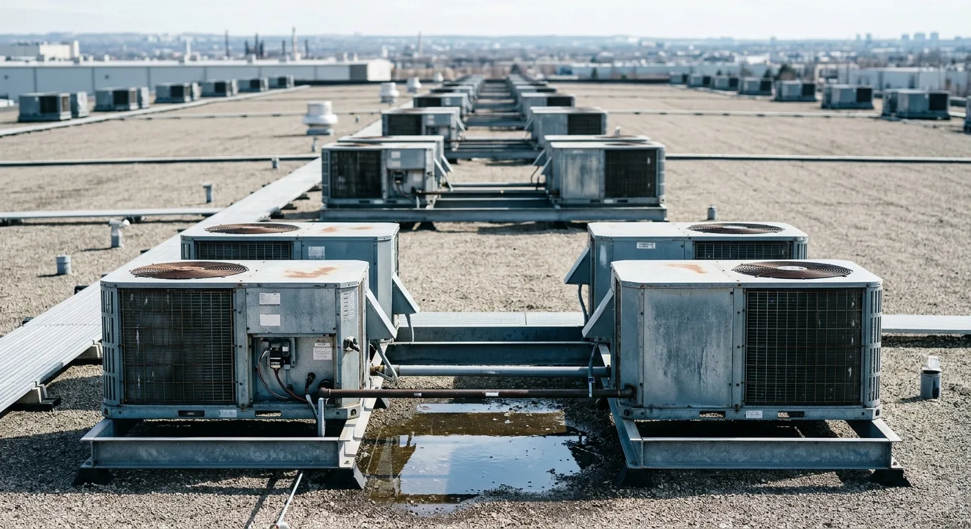 Rows of commercial rooftop HVAC units stretching across a warehouse roof