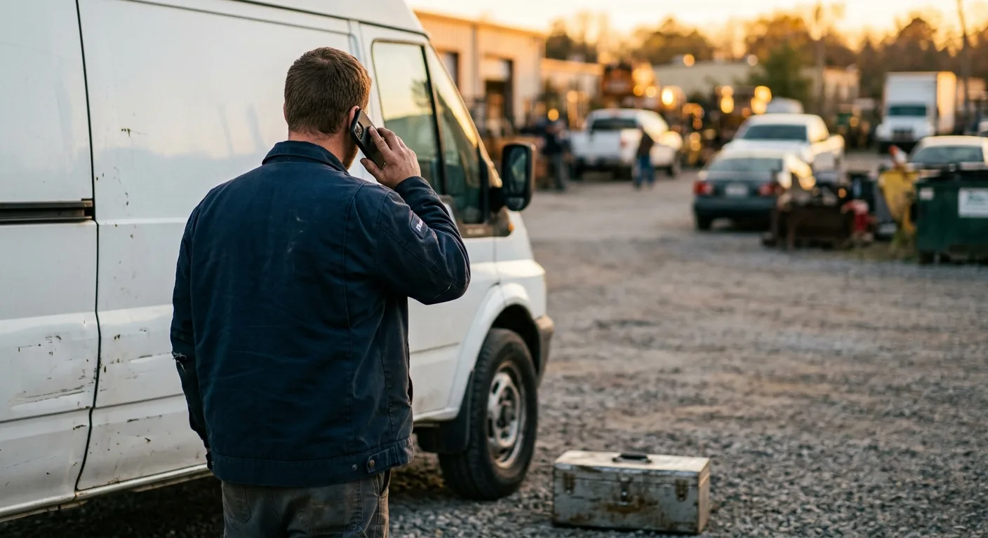 Service technician on the phone beside a work van at golden hour