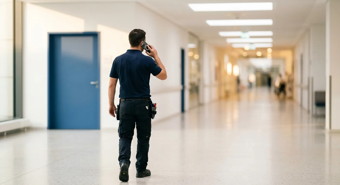 Service technician walking through a hospital corridor, phone to ear