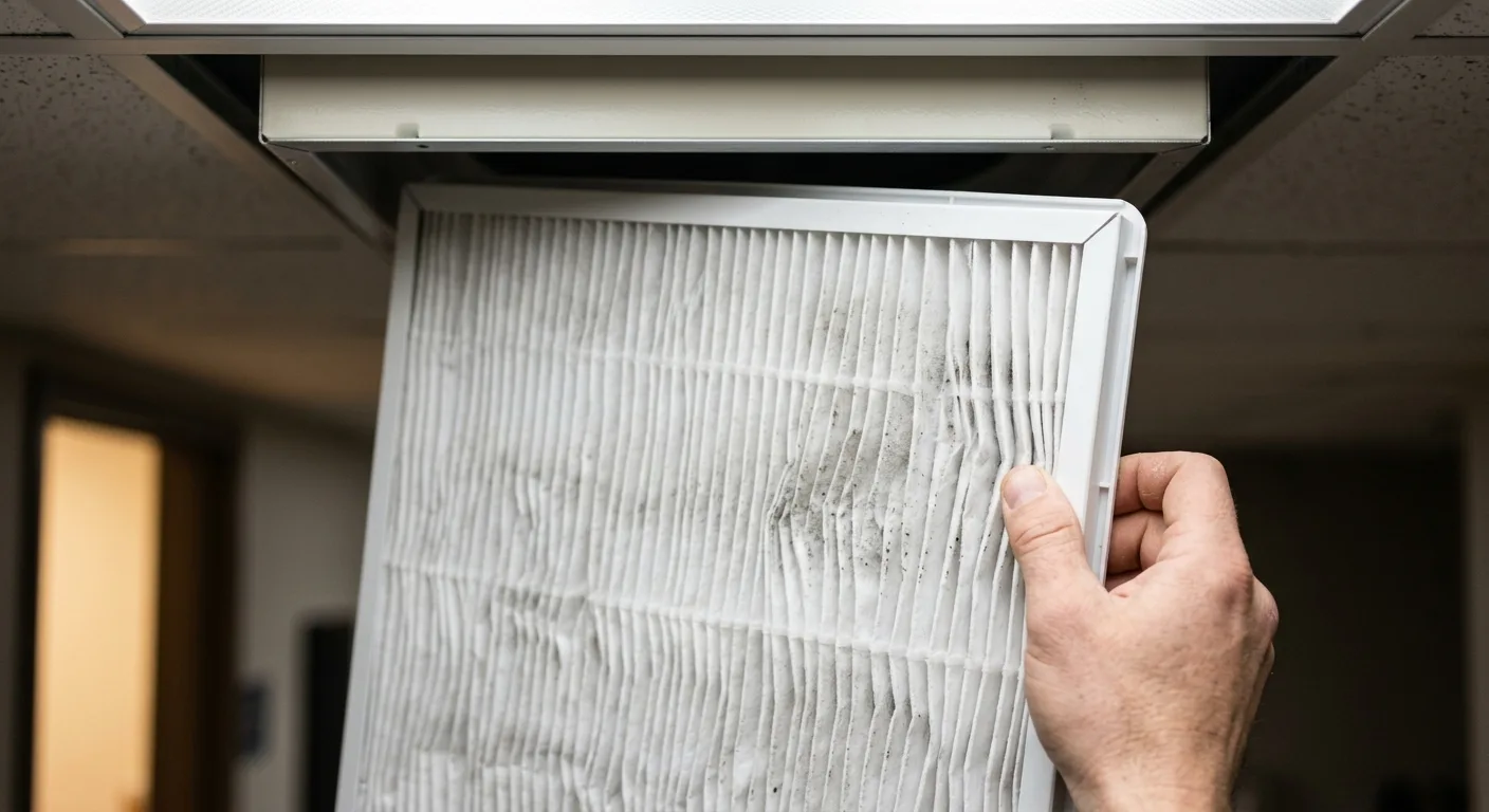 HEPA filter being removed from a ceiling-mounted air purification unit