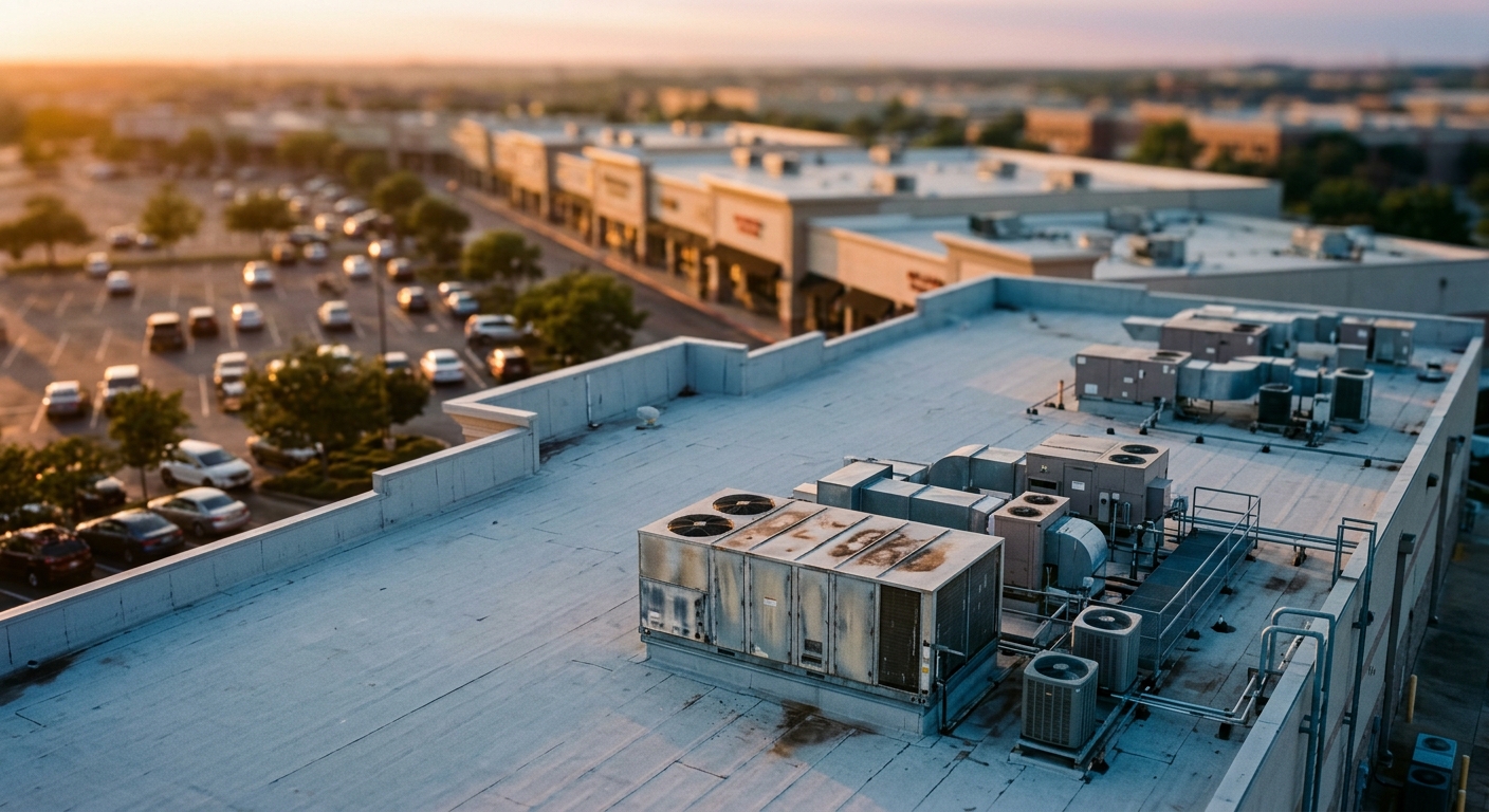 Aerial view of a retail plaza rooftop carrying HVAC and refrigeration units