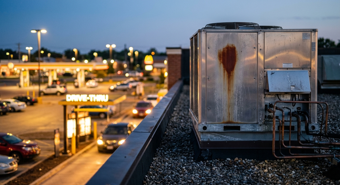 Rooftop refrigeration unit above a fast-food drive-thru at dusk