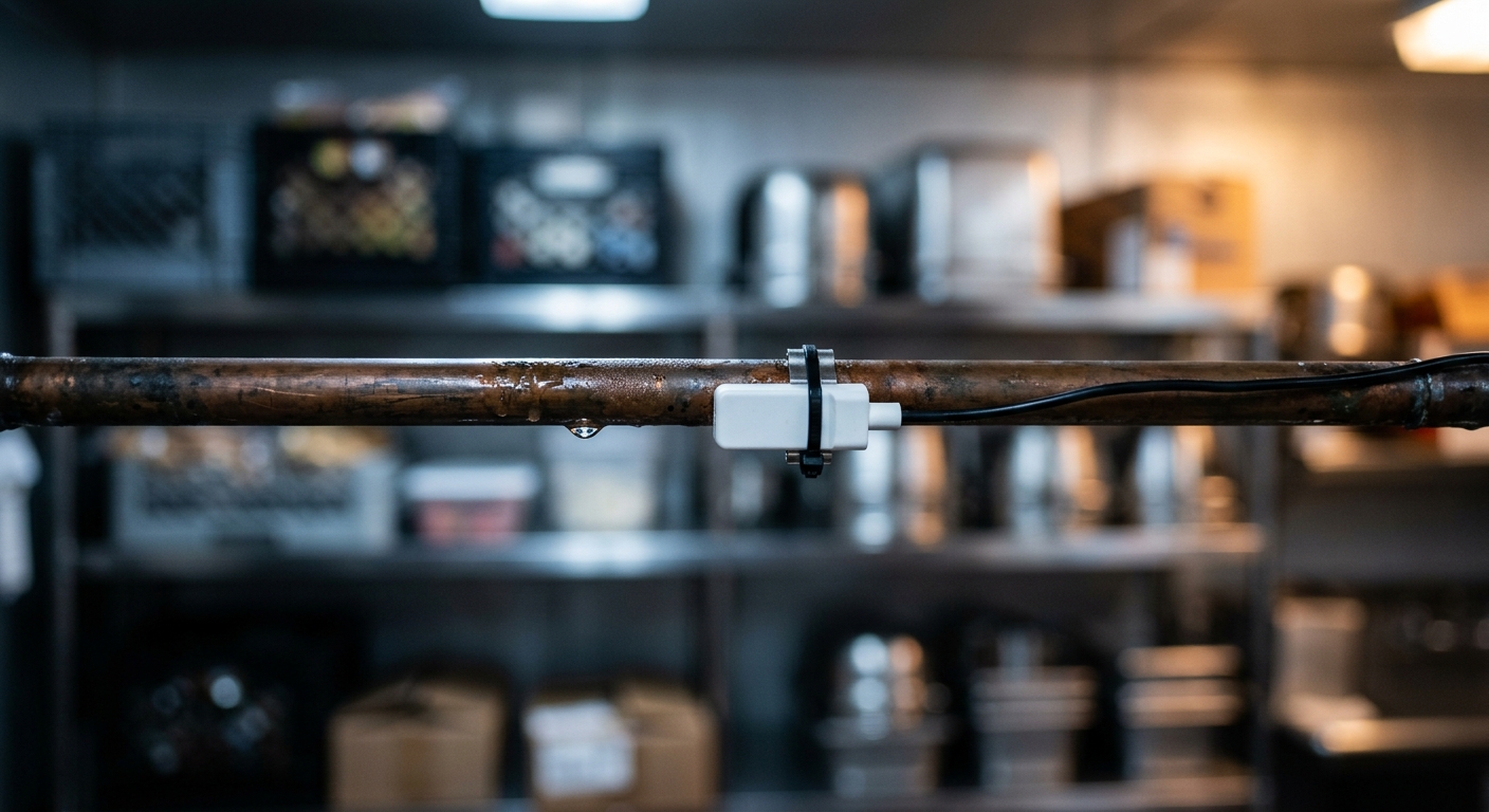 Temperature sensor clipped onto the refrigerant line of a commercial walk-in cooler
