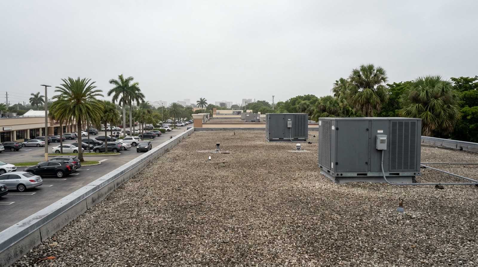Two packaged rooftop AC units on the gravel roof of a strip-mall storefront