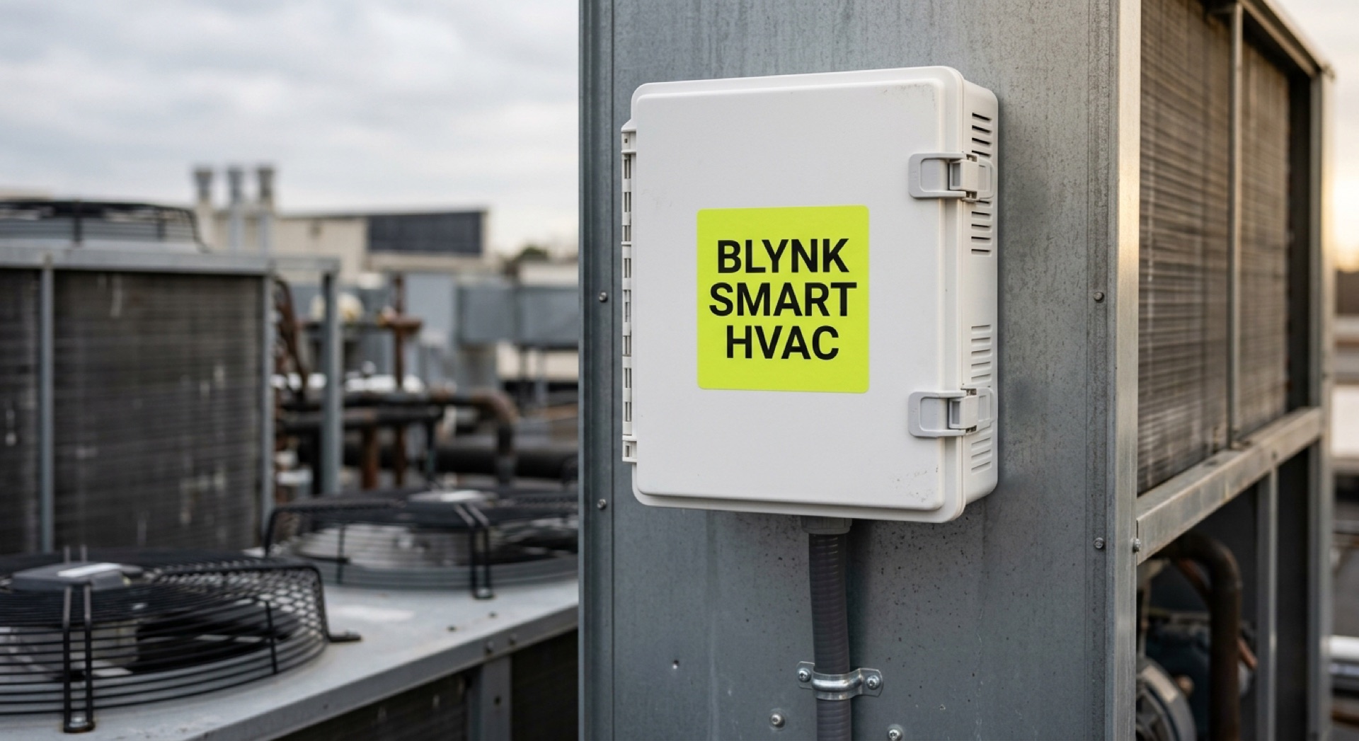 A SmartHVAC monitoring unit mounted on the panel of a commercial heat pump