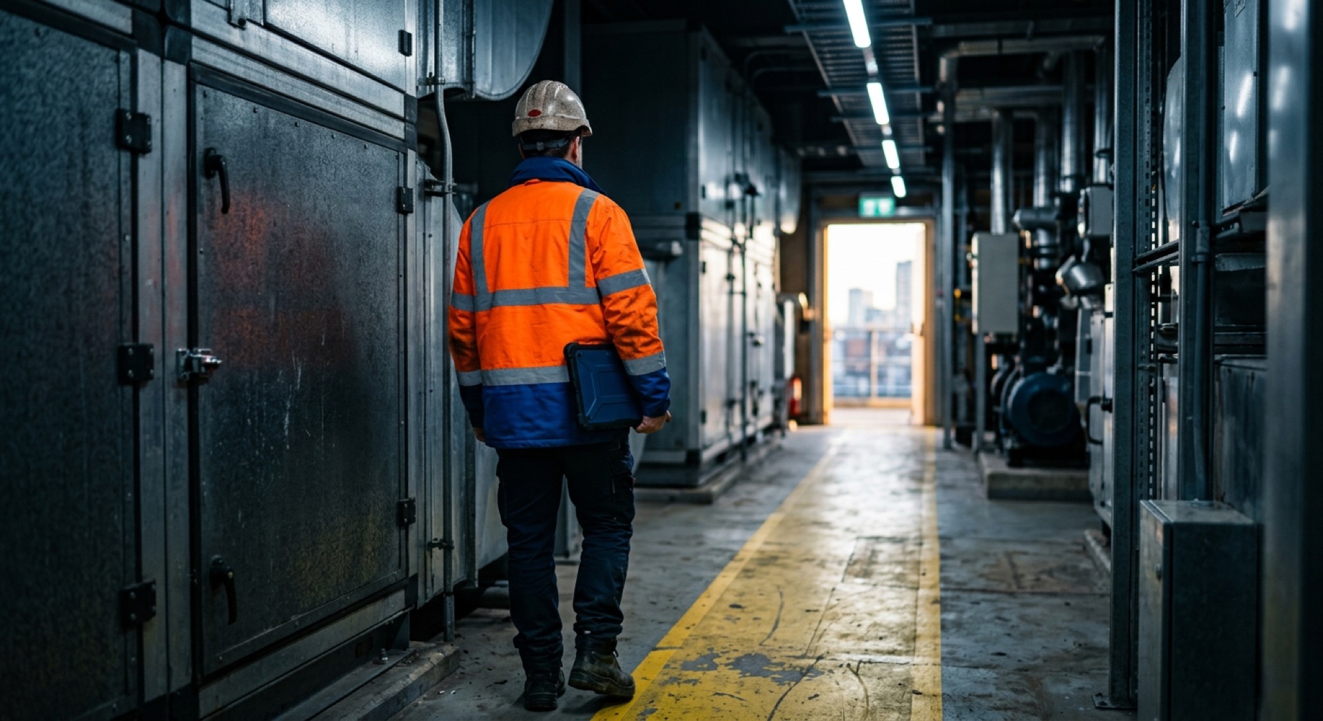 A facilities engineer walking a plant room between air handling units