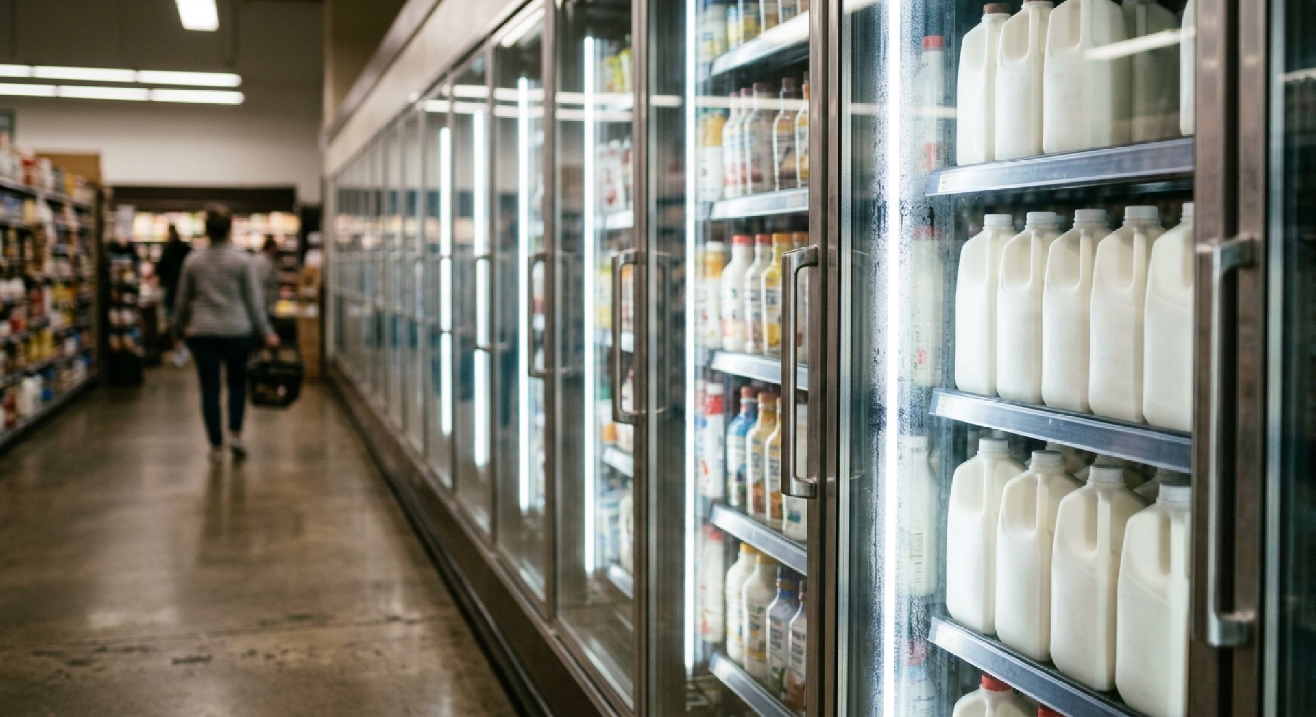 Glass-door refrigerated cases in a grocery store
