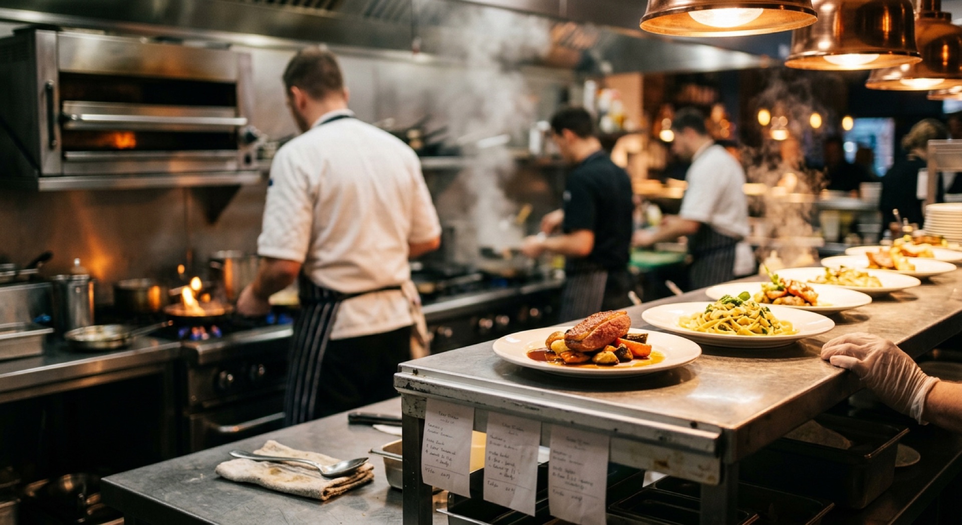 A busy restaurant kitchen line during service