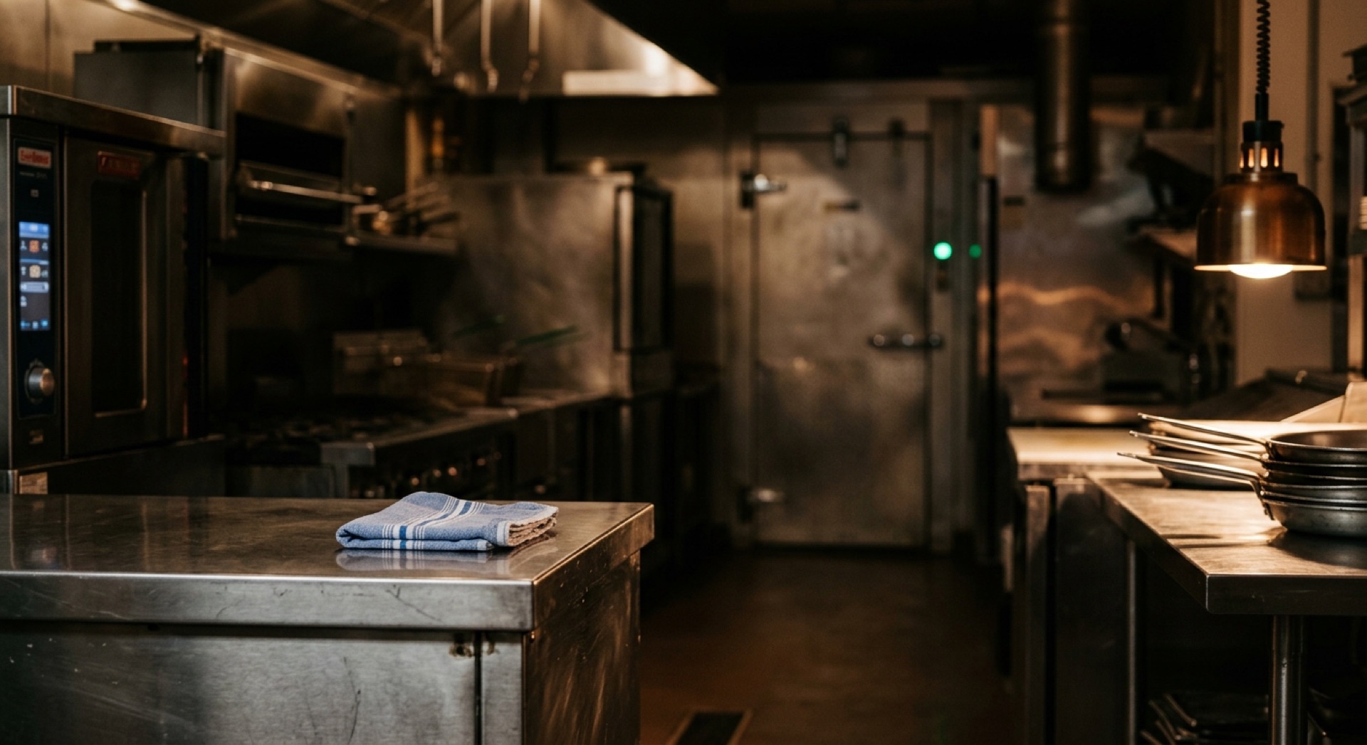 A commercial kitchen at closing time, the walk-in cooler indicator glowing green